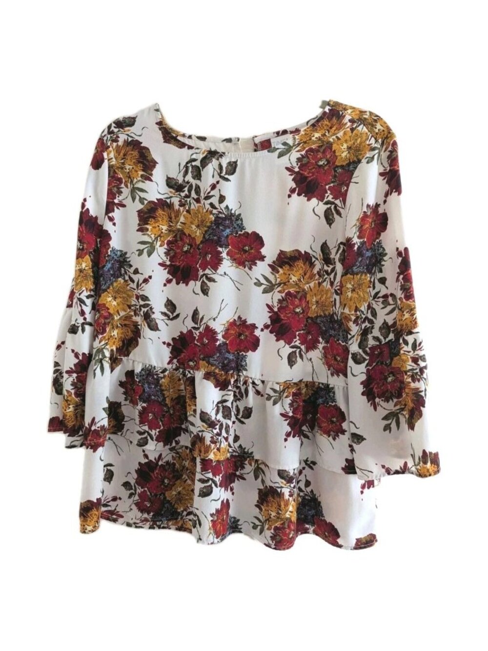 Time & Tru Blouse Top Women Size L Red Gold Floral Ruffle Layer 3/4 Bell Sleeve